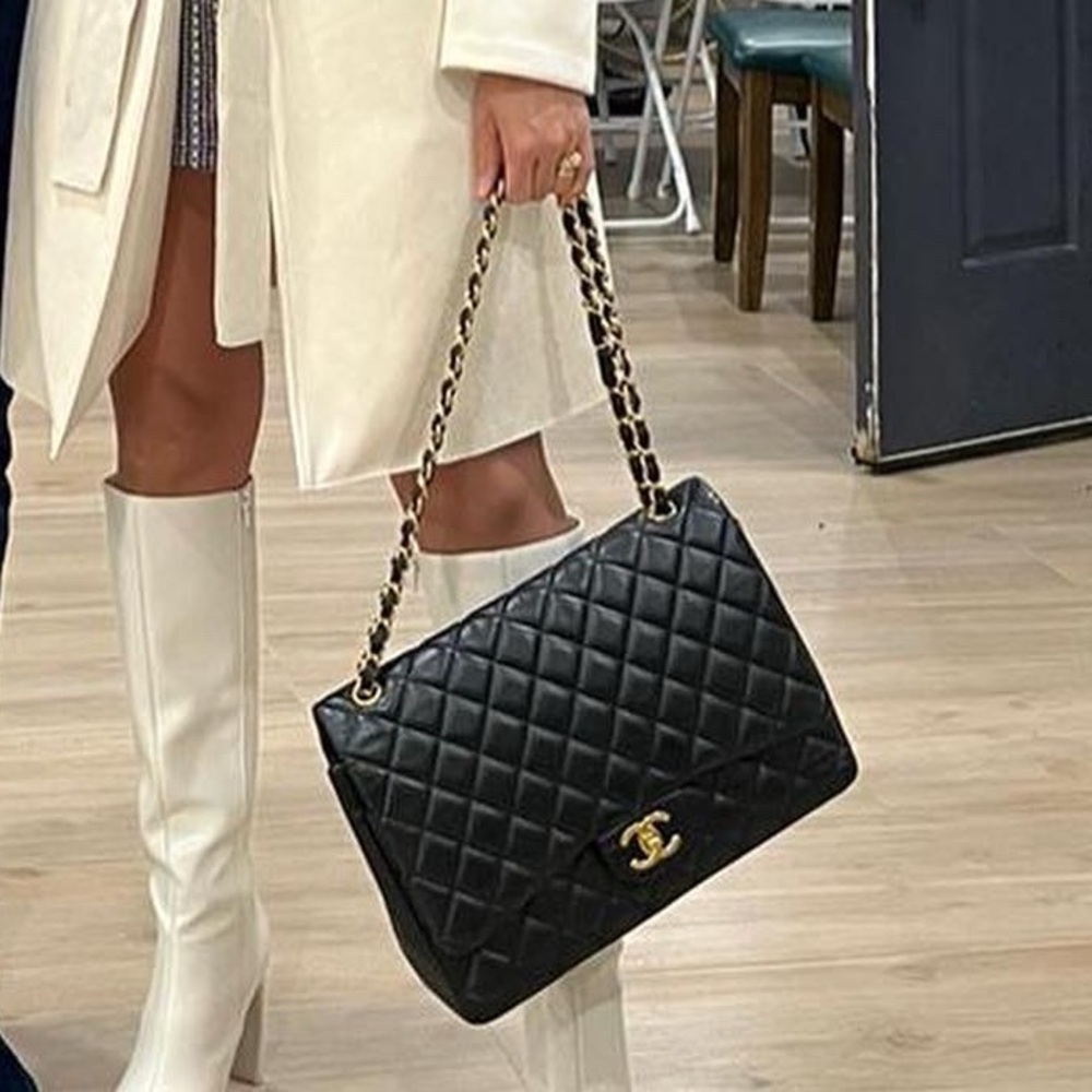 CHANEL Black XL Quilted Flap Bag with Gold Chain